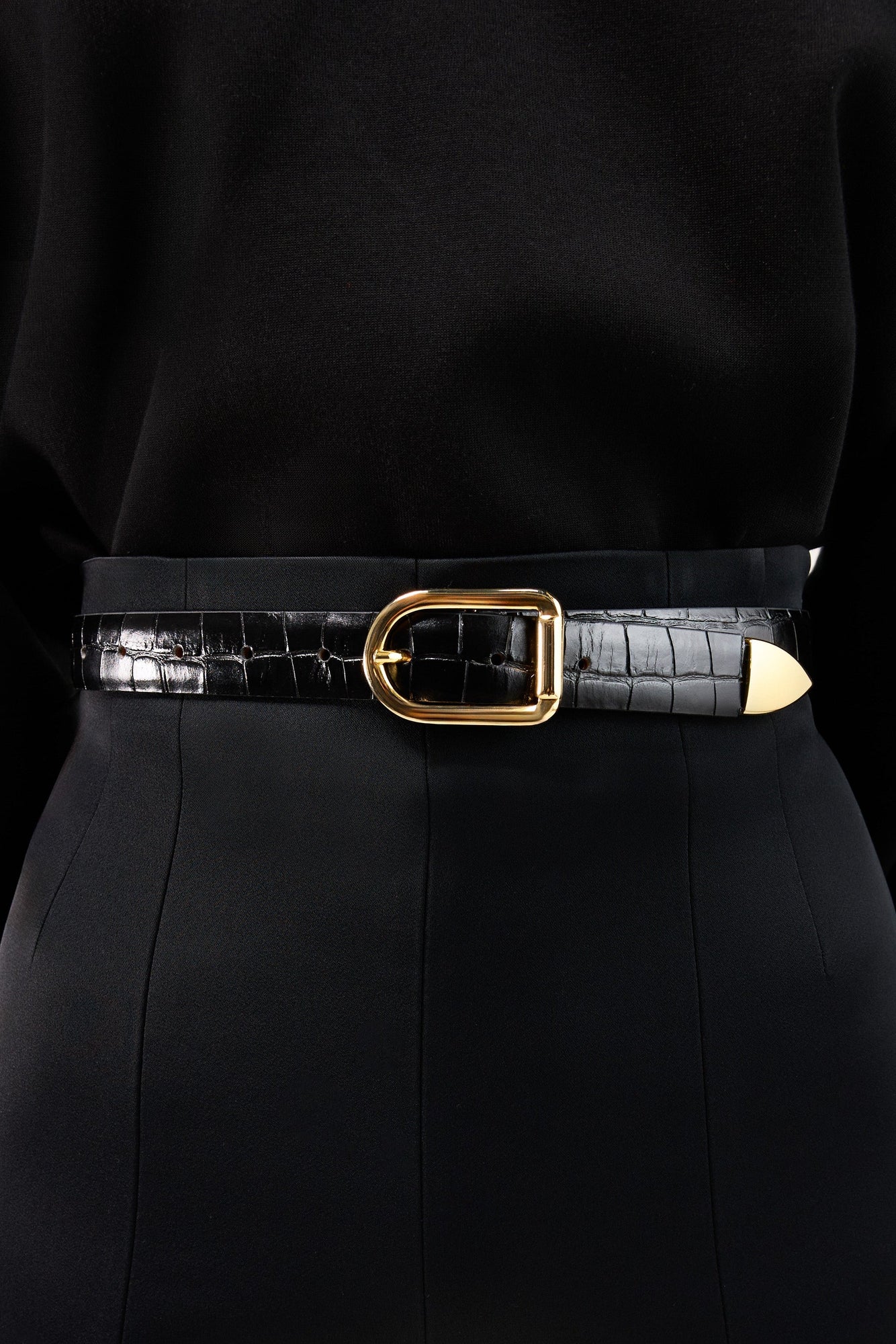 Mija Tip Belt | Black Croco & Gold