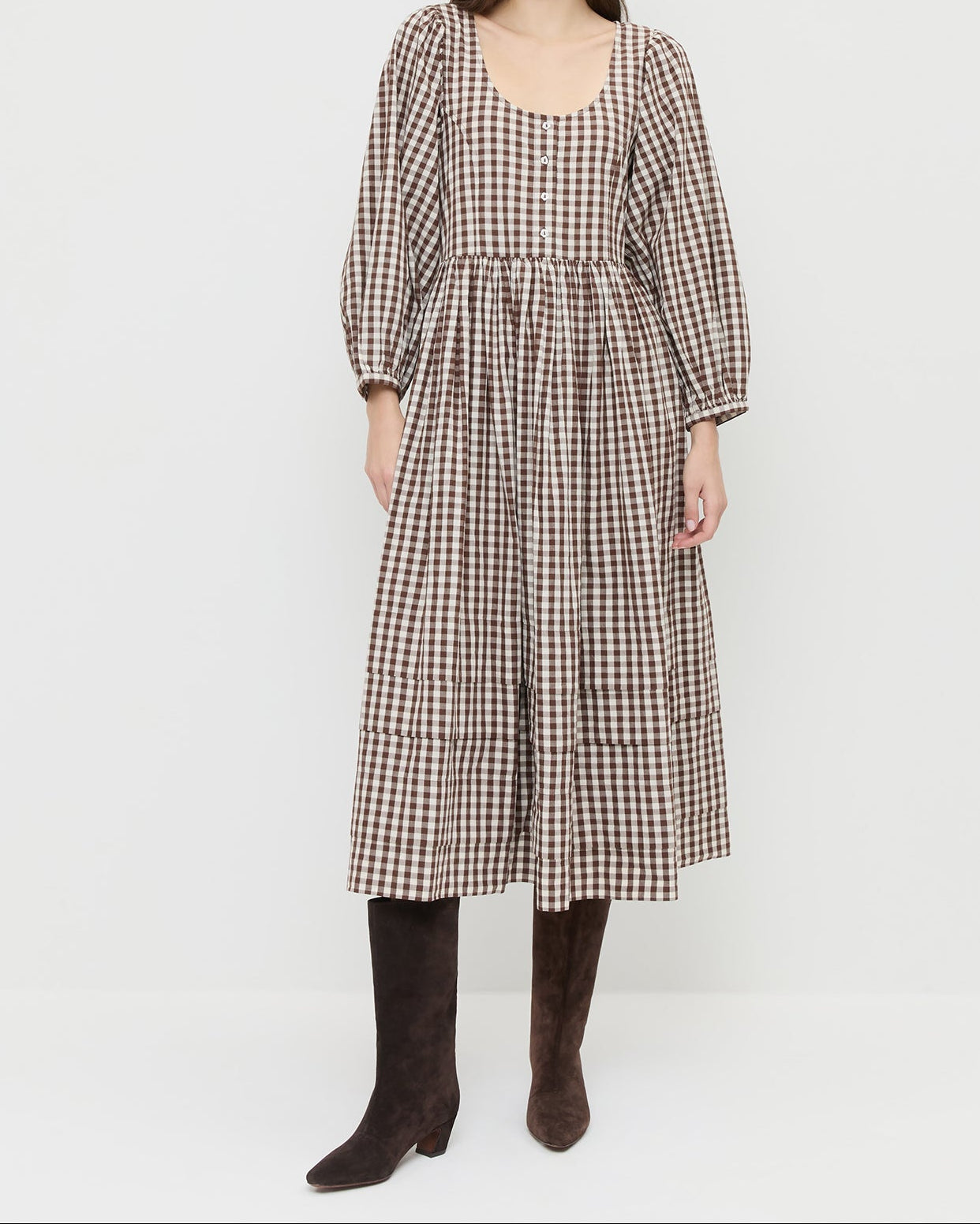 Diane Dress in brown and cream gingham cotton and Cleo Brown Suede Mid-Calf Boot.