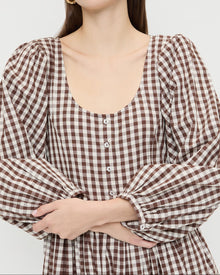 Diane Dress in brown and cream gingham cotton.