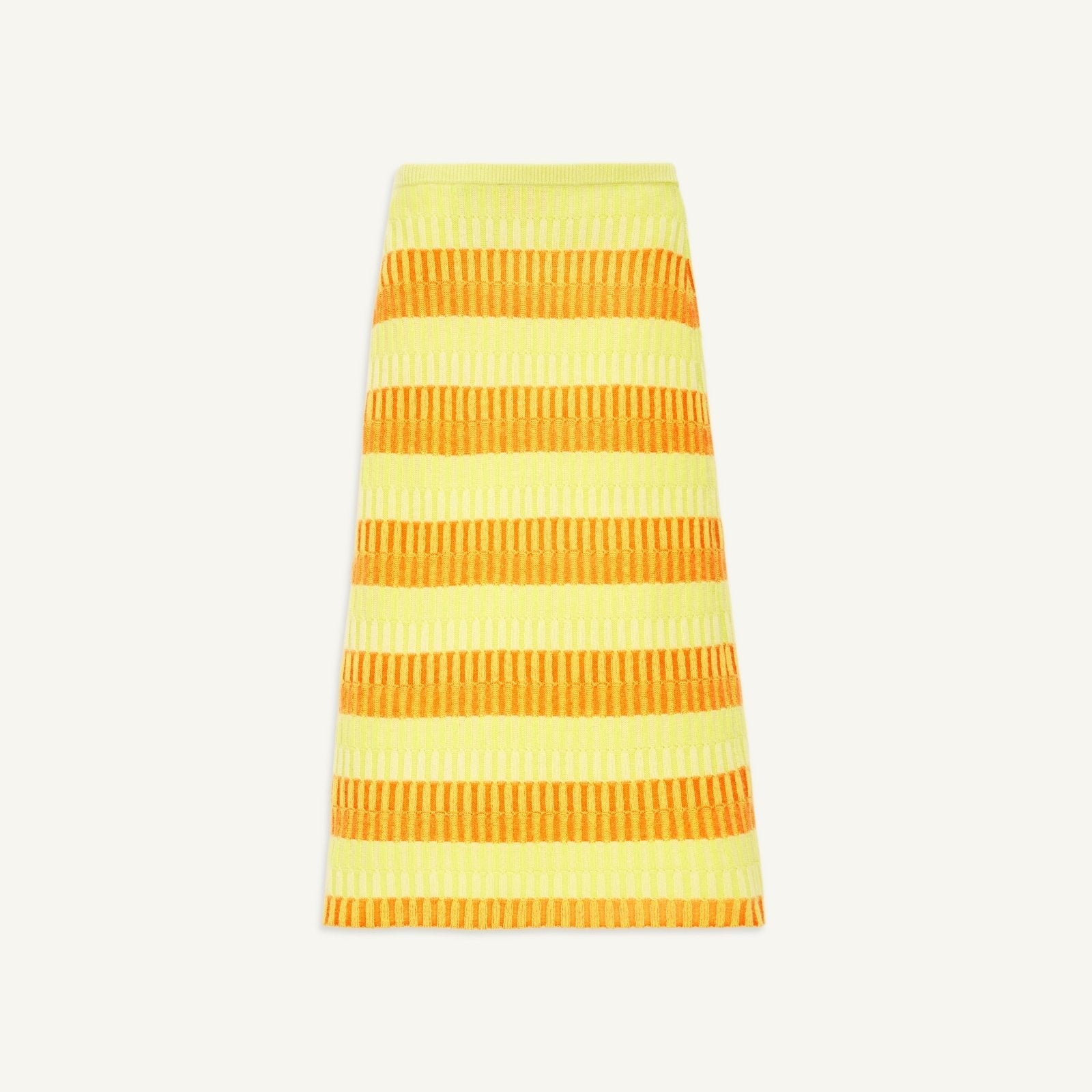 A striped midi skirt in shades of yellow, cream, and papaya.