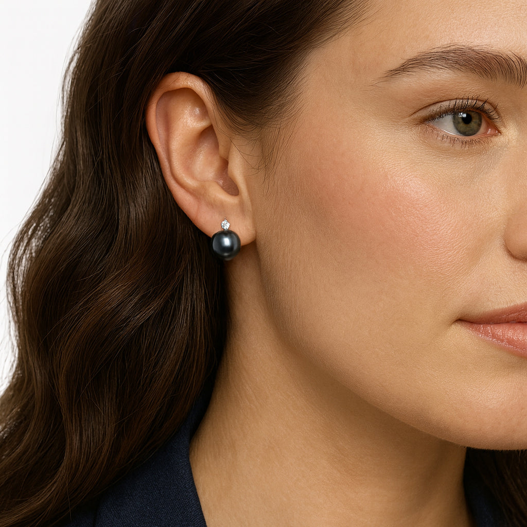 Round Stud Earrings | 14K White Gold | 1/4 Carat Lab Grown Diamond/Black Tahitian Pearl | 11mm - 12mm | G-SI