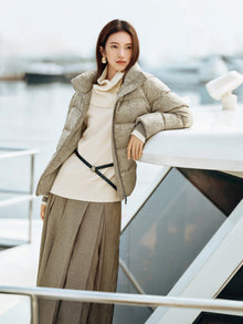 Silk Jacquard Stand-Collar Goose Down Coat | Khaki