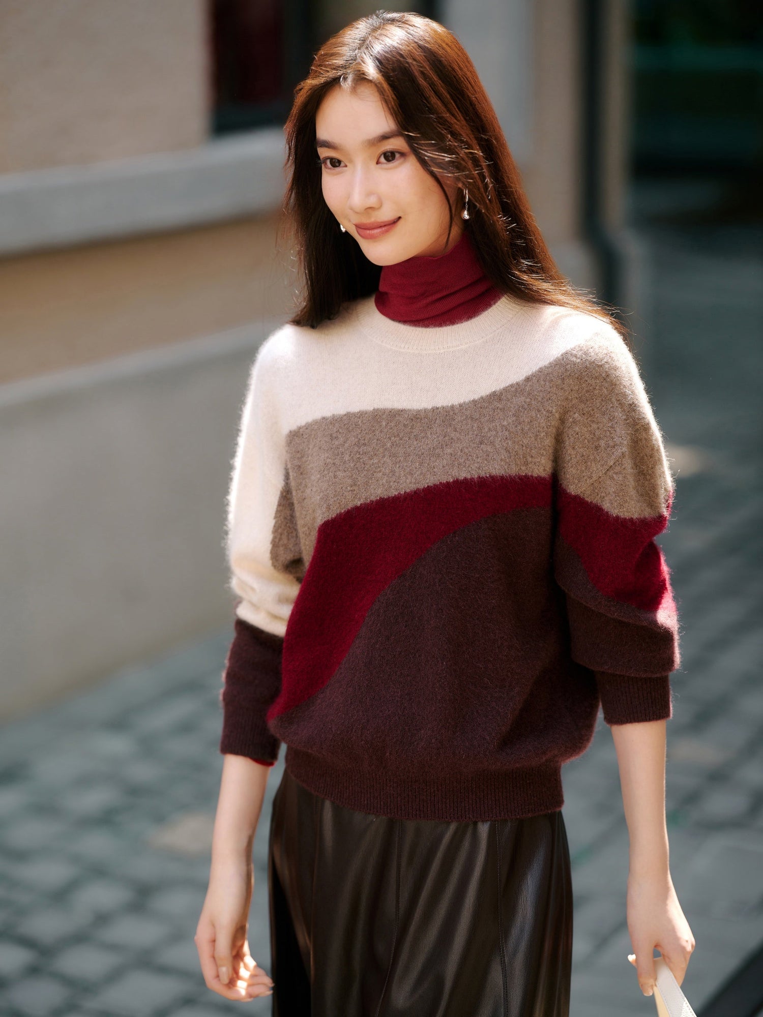Color-Block Yak Wool Cashmere Knit Top | Brown