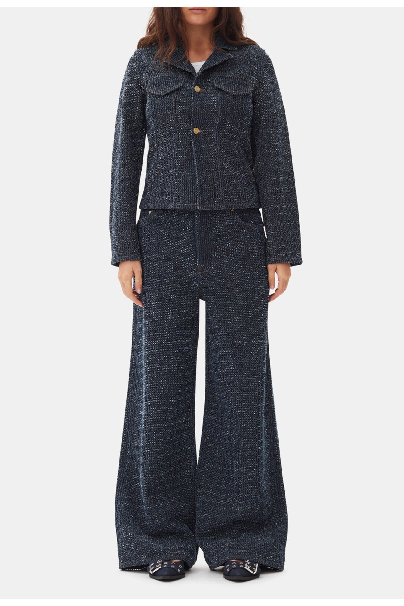 Denim Feminine Buckle Ballerinas | Dark Navy
