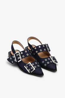 Denim Feminine Buckle Ballerinas | Dark Navy