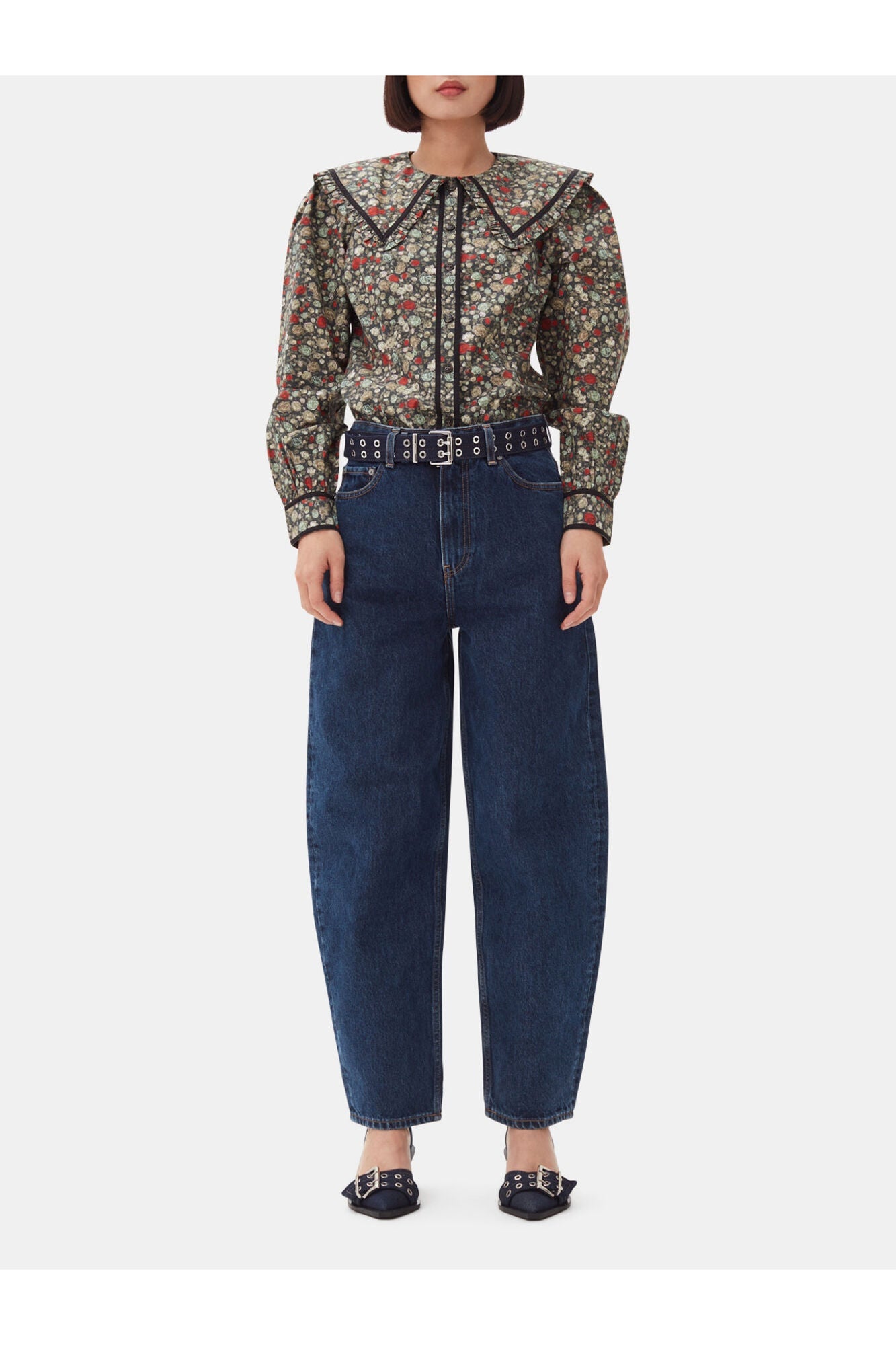 Denim Feminine Buckle Open Cut Pumps | Dark Navy
