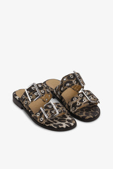 Denim Feminine Buckle Two Strap Sandals | Leopard