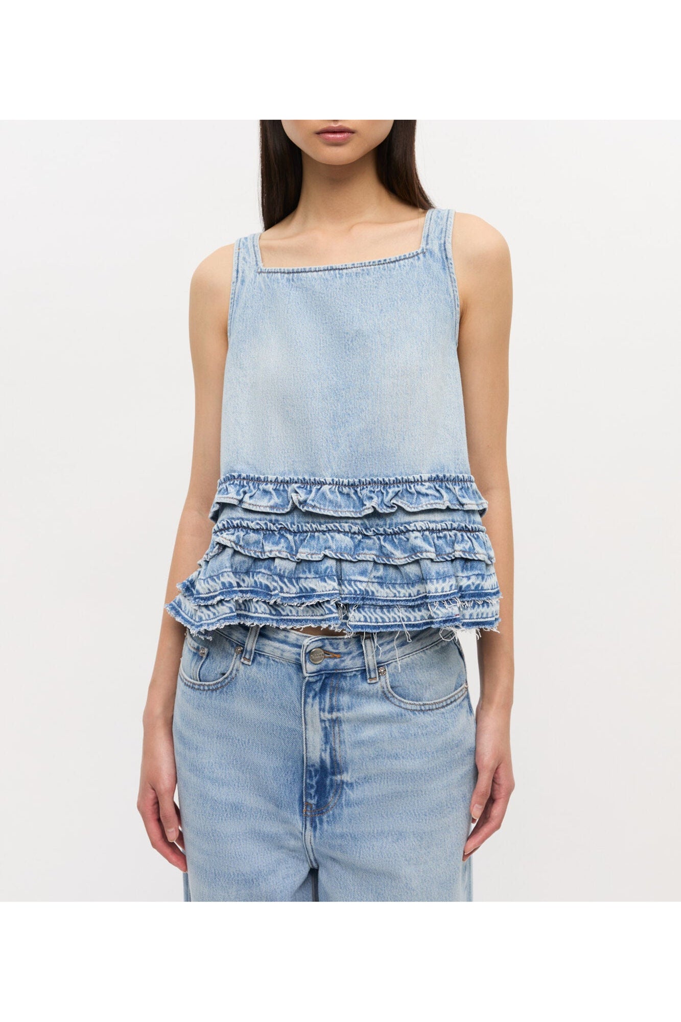 Denim Frill Top | Light Blue Stone