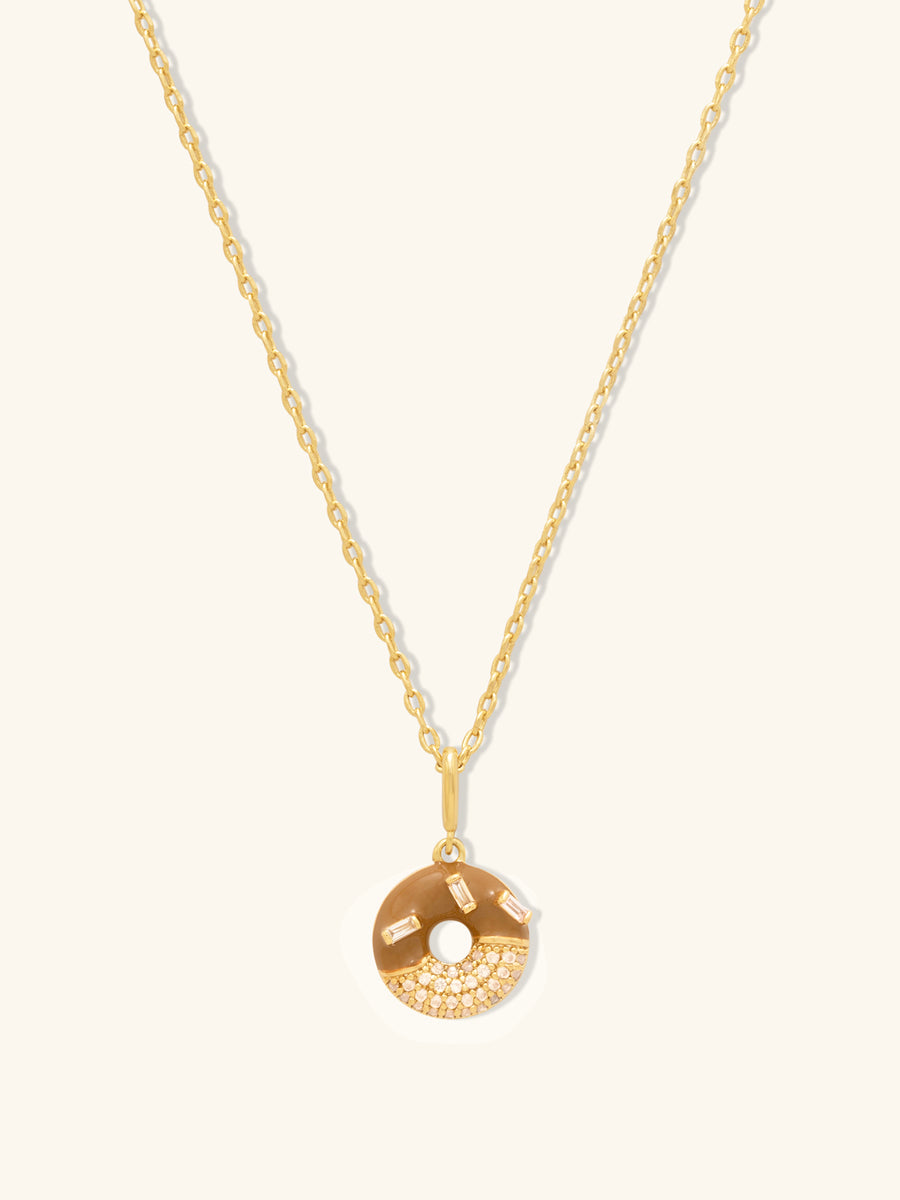 Donut Coffee Glazed Necklace | 5A Grade Cubic Zirconia/Enamel | 14K Gold Plated Brass