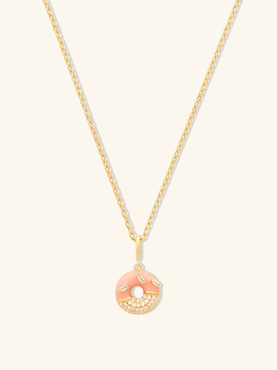 Donut Stawberry Glazed Necklace | 5A Grade Cubic Zirconia/Enamel | 14K Gold Plated Brass