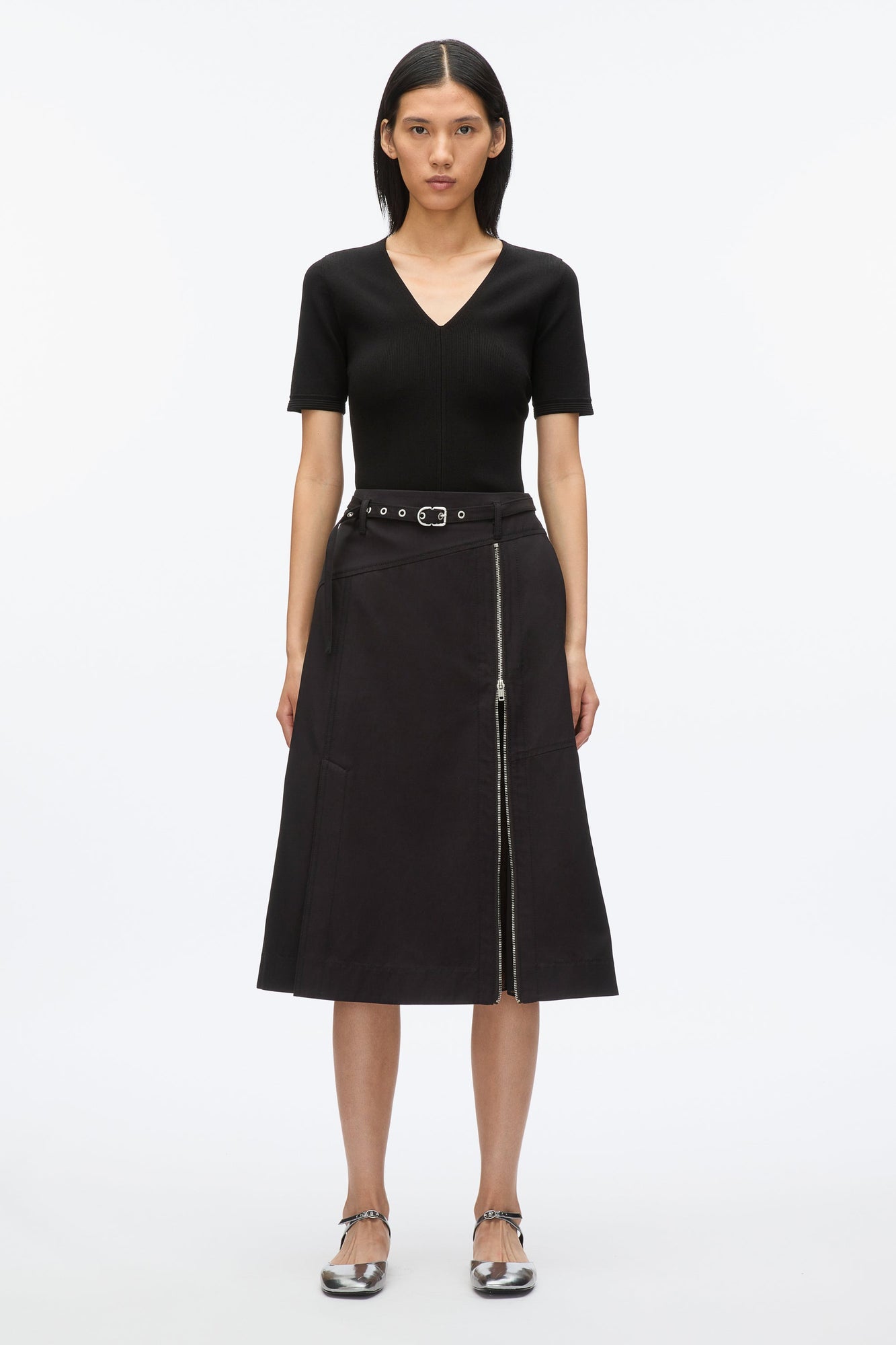 Utility Skirt with Zip Chiffon Godet | Black