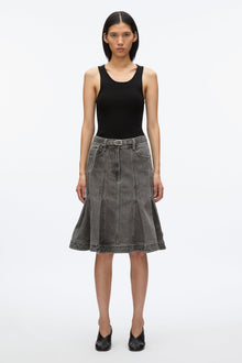 Flounce Hem Belted Denim Skirt | Washed Grey