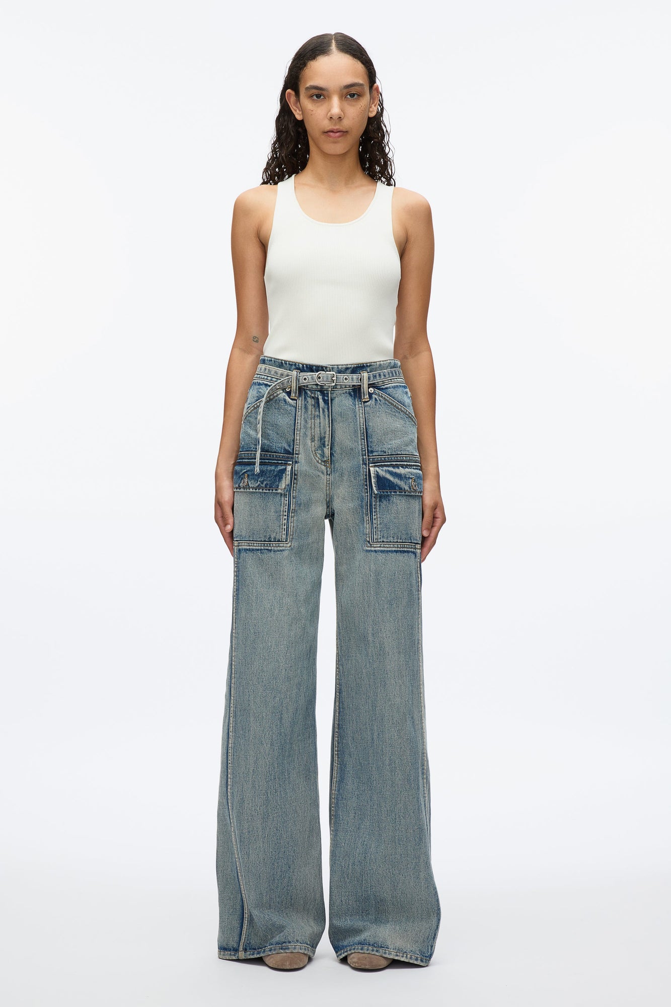 Cargo Wide Leg Belted Jeans | Washed Indigo