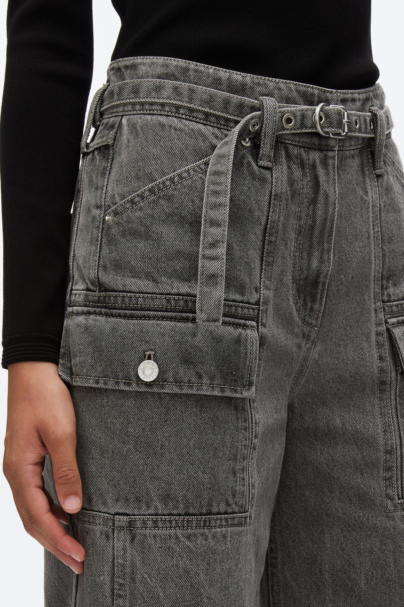 Cargo Wide Leg Belted Jeans | Washed Grey