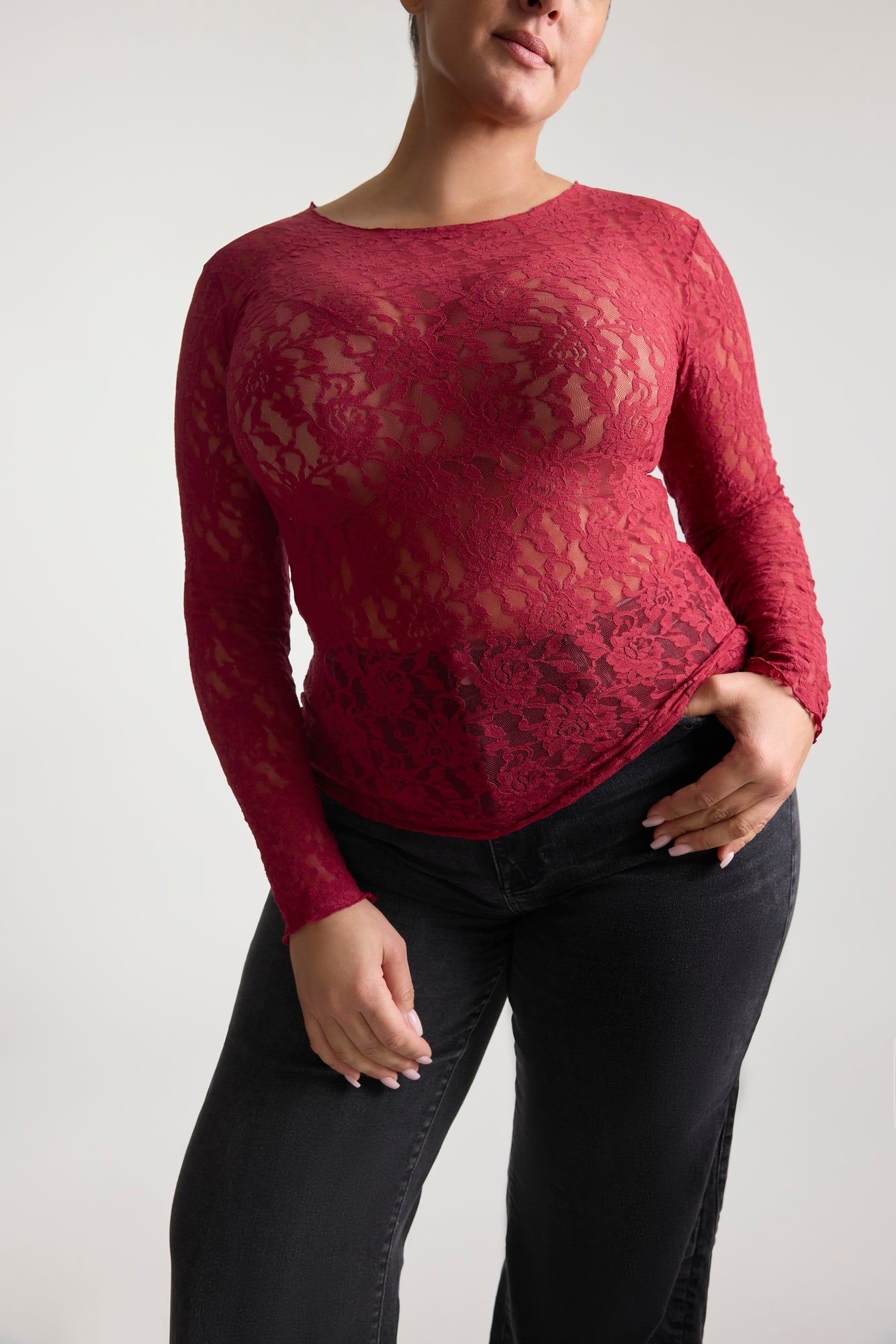 Plus Size Signature Lace Long Sleeve Top | Wild Berries (Red)