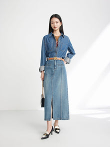 Split Cotton Midi Skirt | Blue