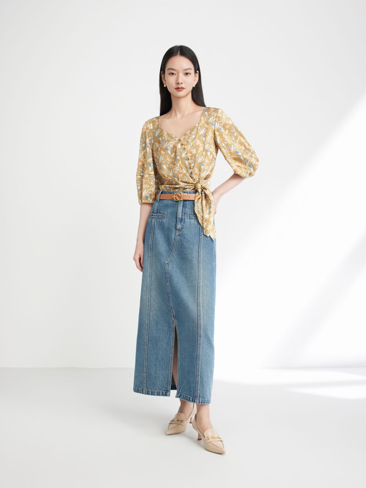 Split Cotton Midi Skirt | Blue