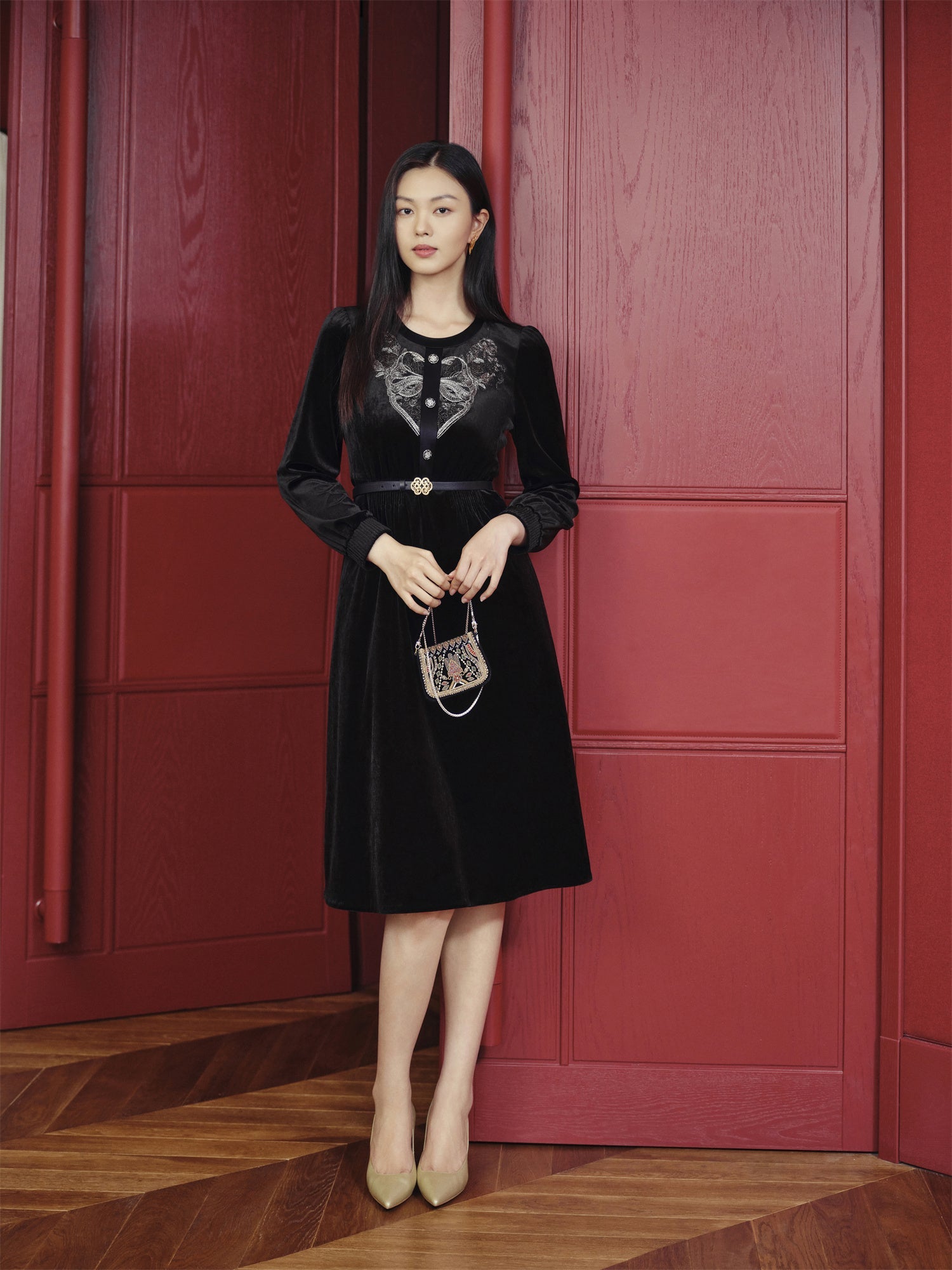 Velvet Embellished Neckline Dress | Black