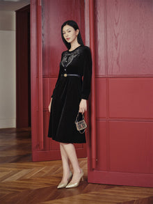 Velvet Embellished Neckline Dress | Black
