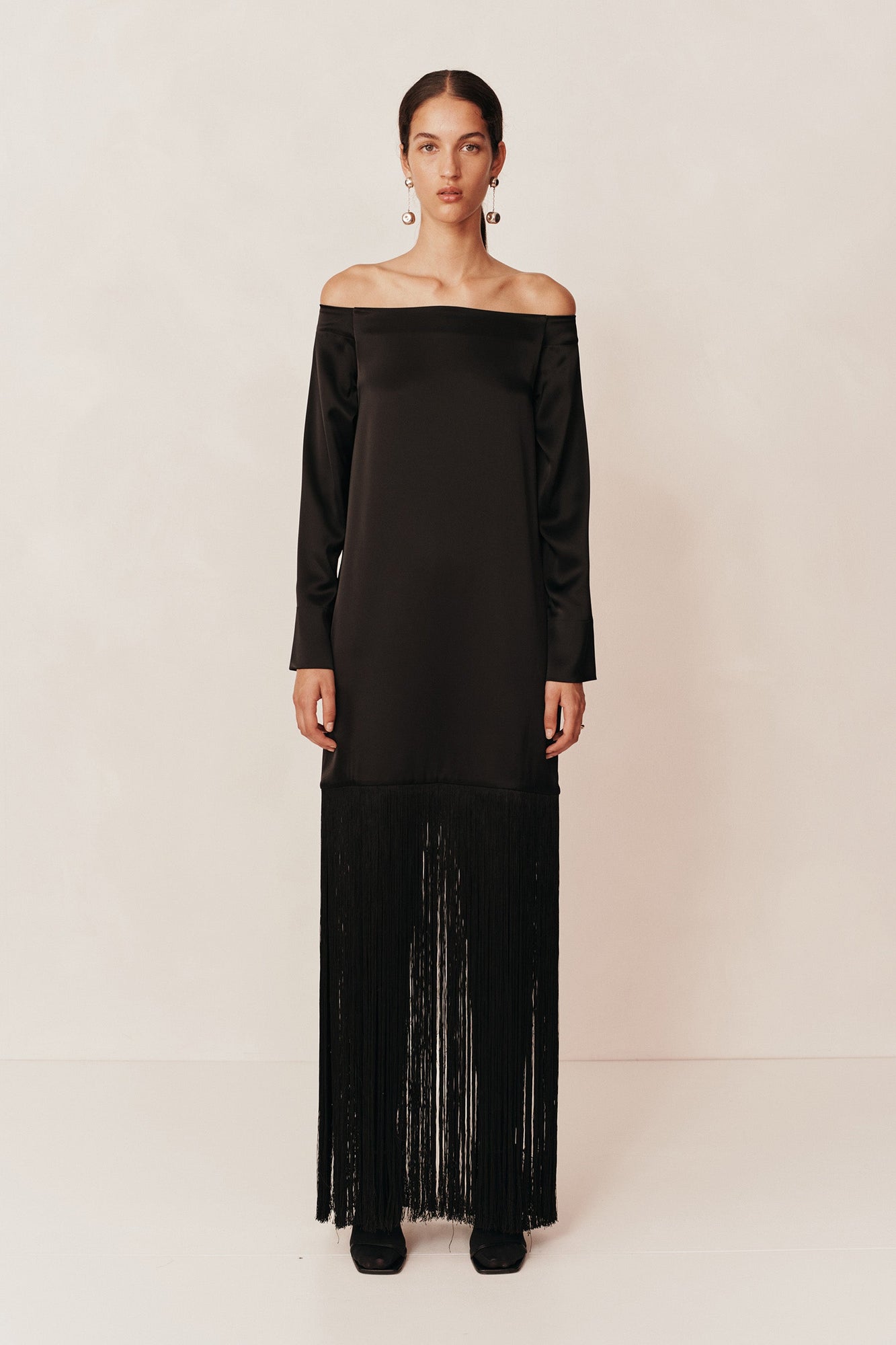 Mono Off Shoulder Fringe Dress | Black