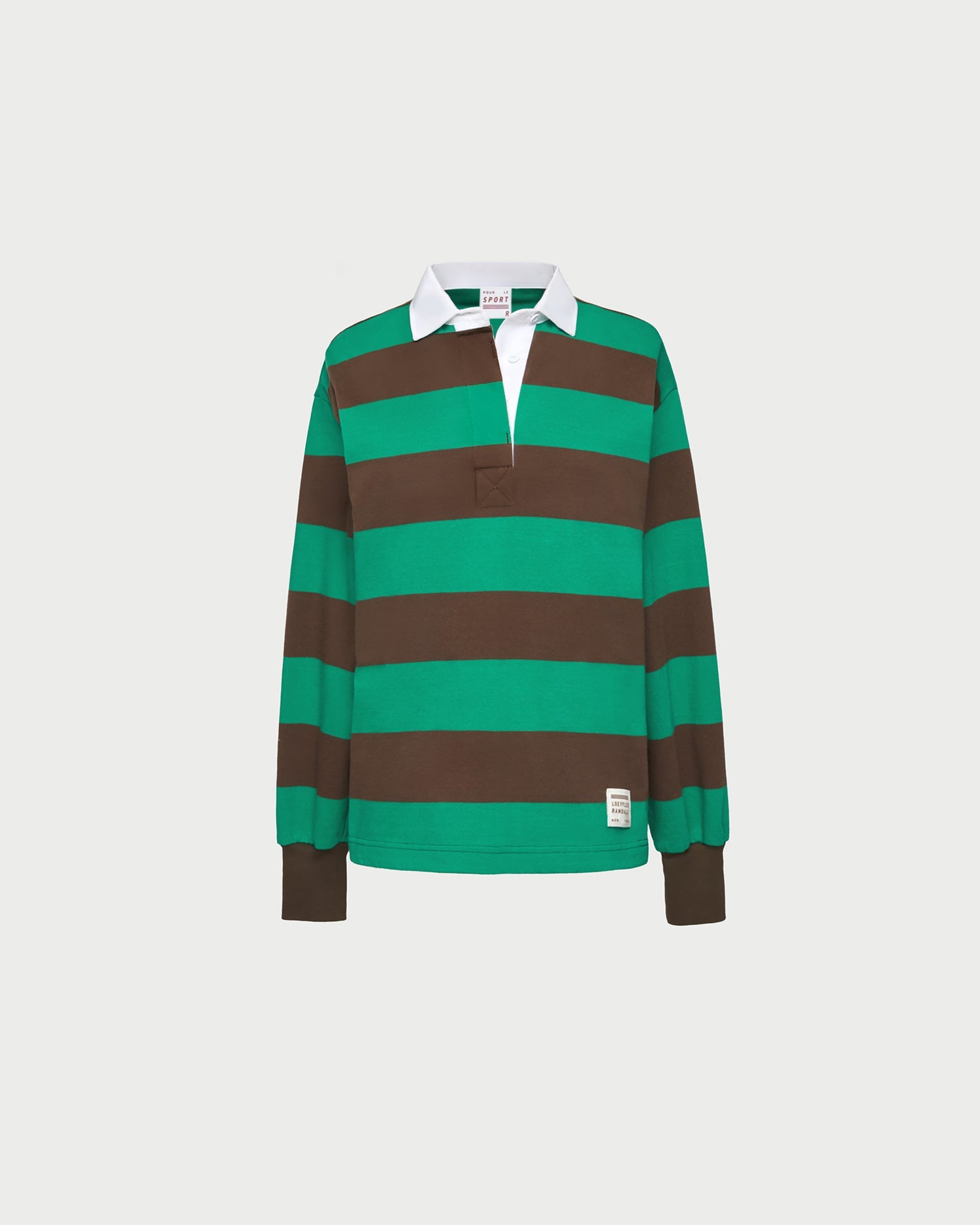 Evan Rugby Shirt in green and brown striped cotton.