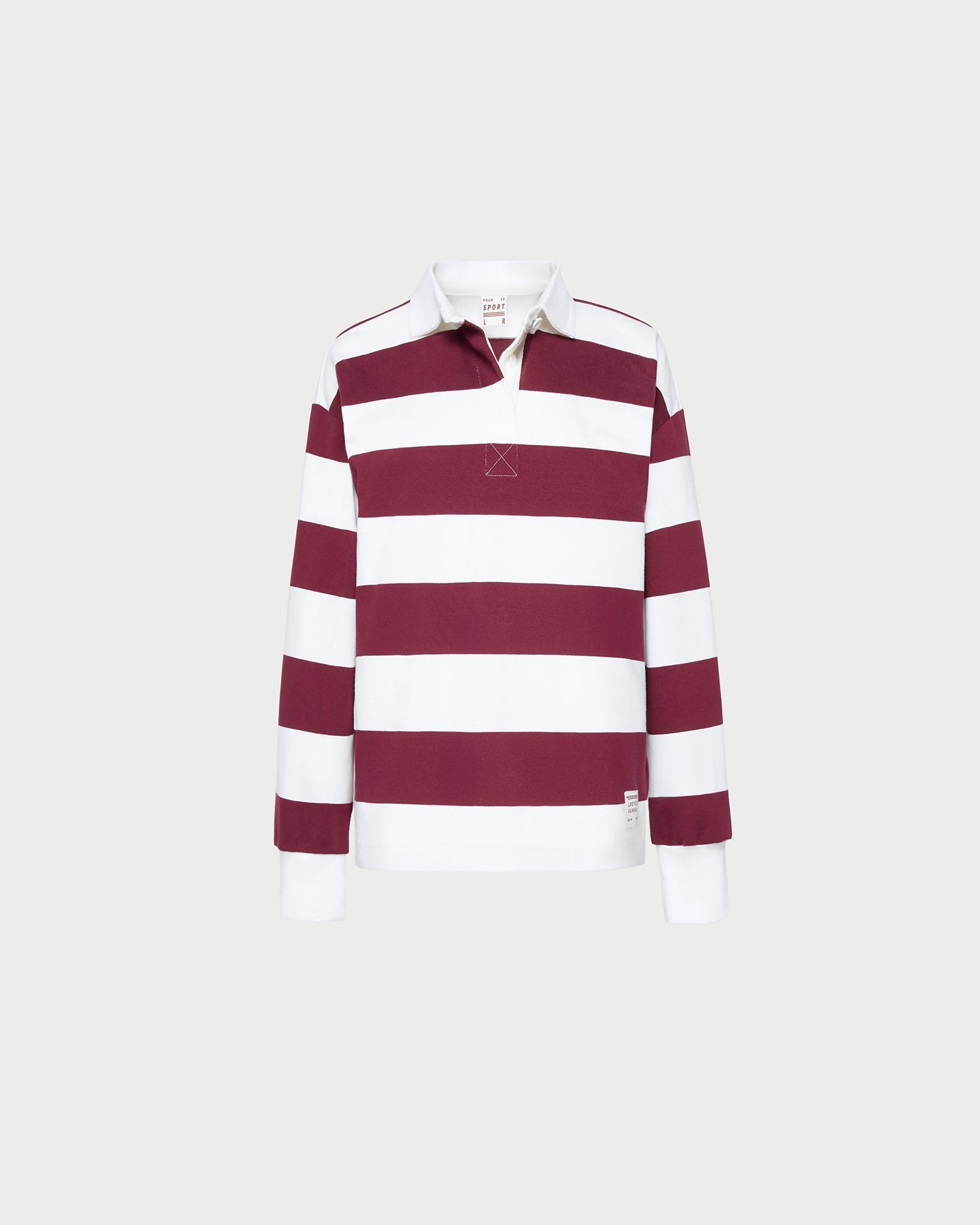 Evan Rugby Shirt in maroon and white striped cotton.