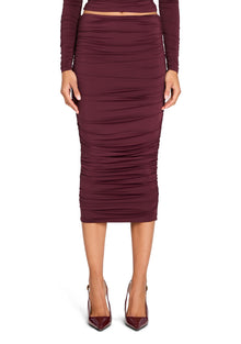 Womens | Darcy Mid Rise Ruched Midi Skirt | Merlot