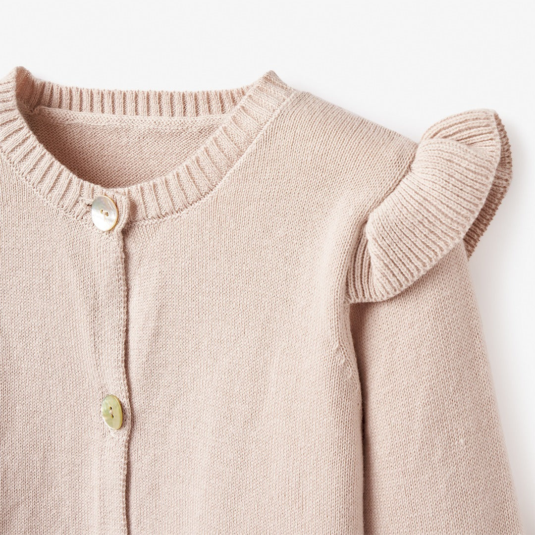 Girls | Taupe Flutter Sleeve Hand-Embroidered Baby Cardigan | Taupe