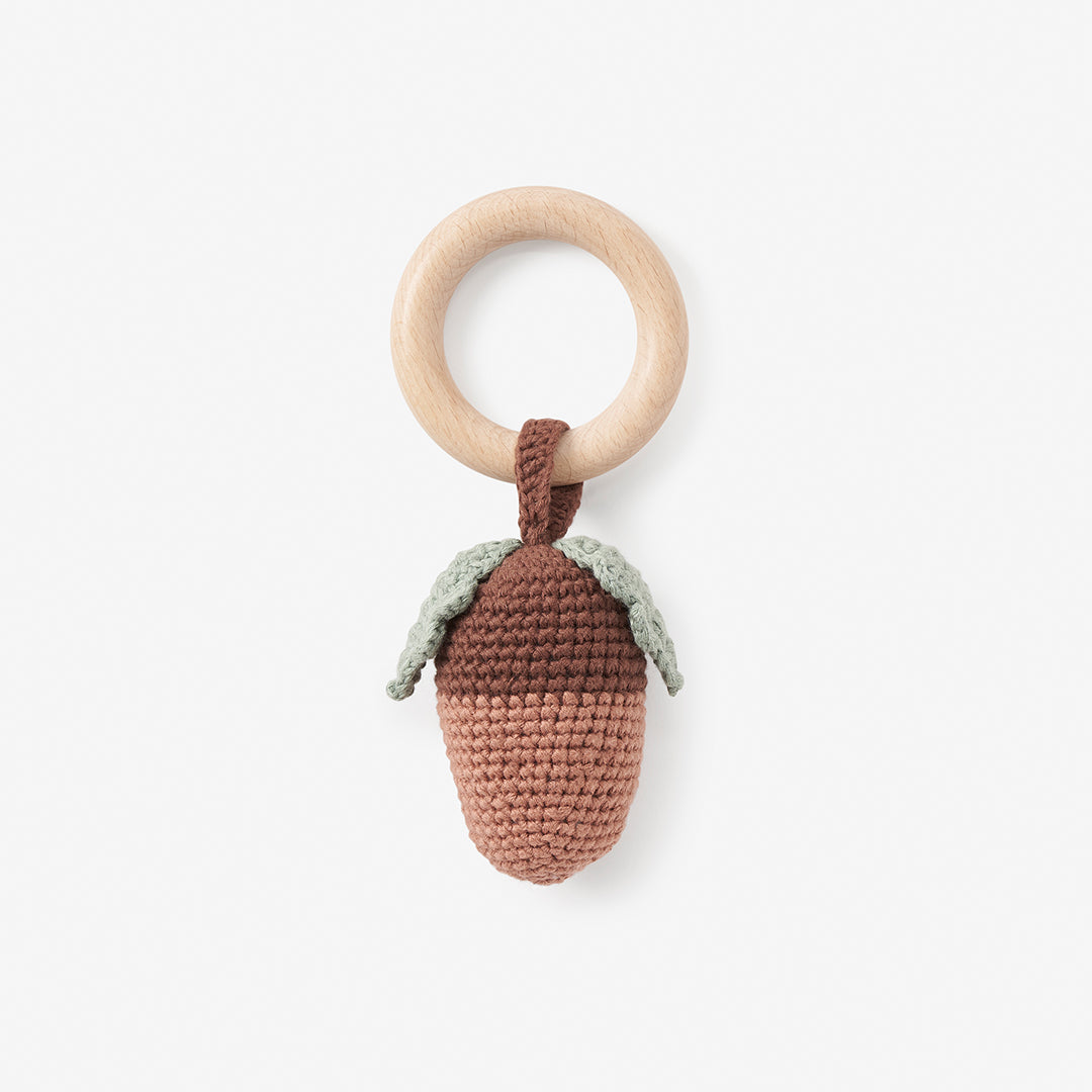 Unisex | Acorn Knit Wooden Baby Rattle | Brown