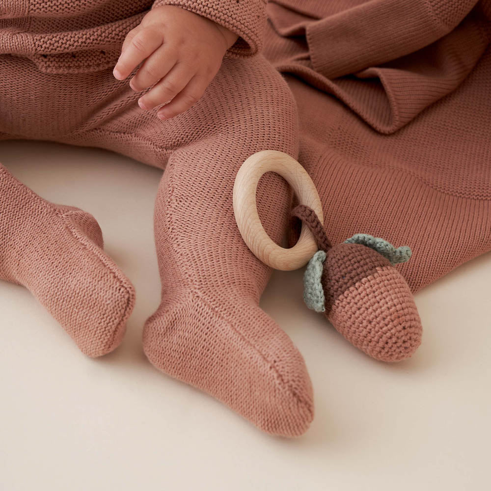 Unisex | Acorn Knit Wooden Baby Rattle | Brown