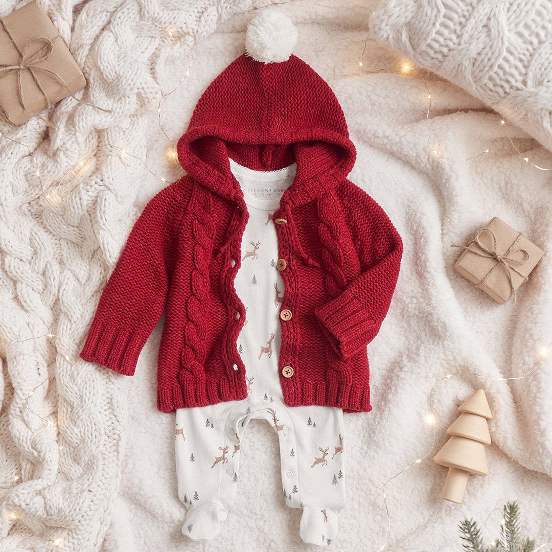Girls | Hooded Pom Pom Cardigan | Red
