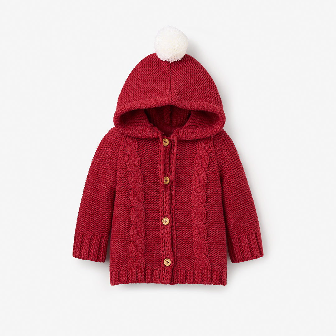 Girls | Hooded Pom Pom Cardigan | Red