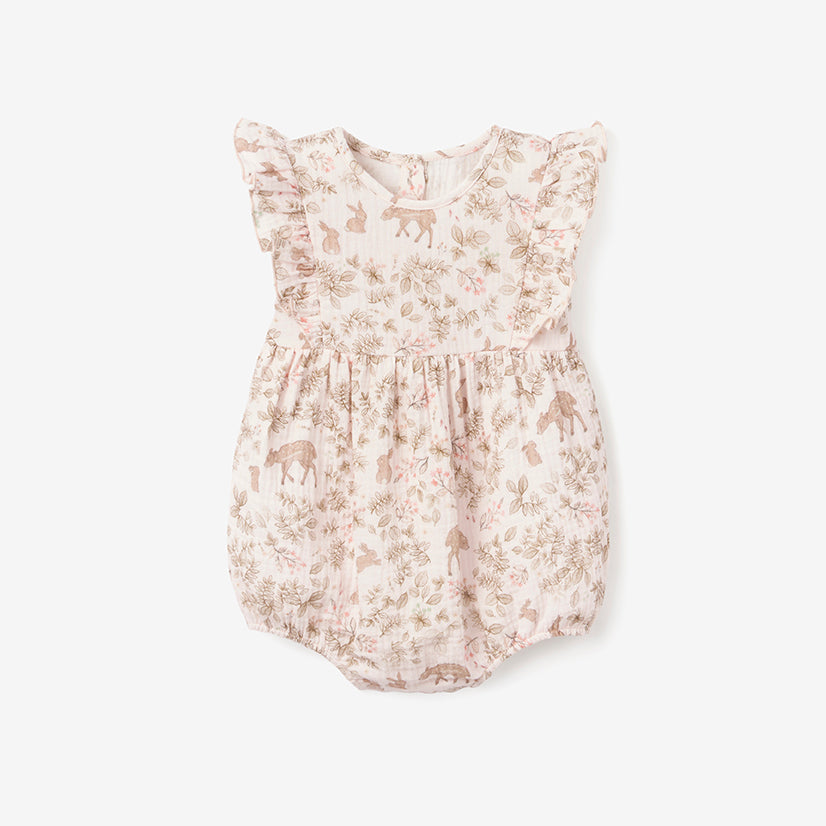 Girls | Woodland Print Organic Muslin Bubble Baby Romper | Pink
