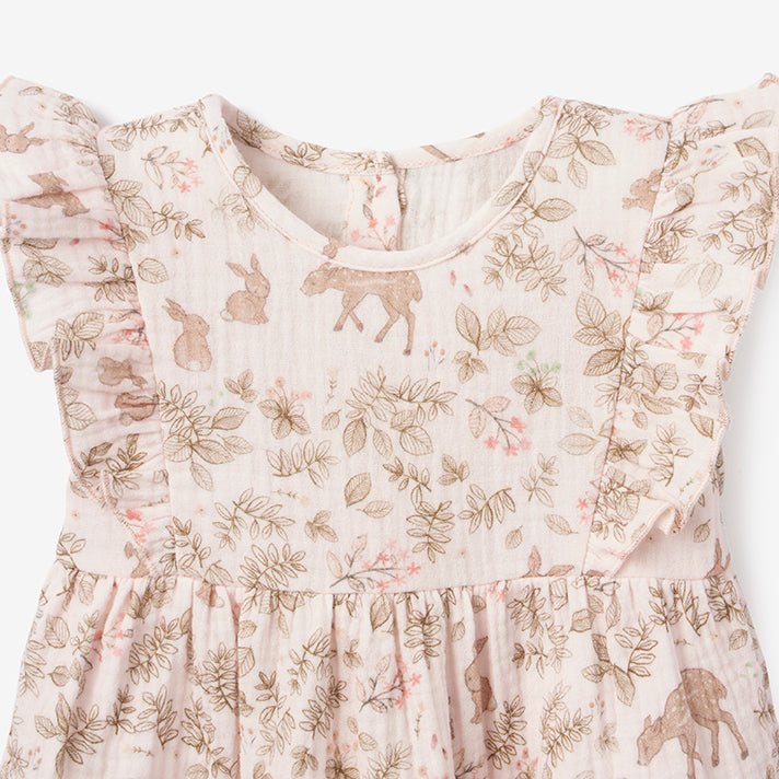 Girls | Woodland Print Organic Muslin Bubble Baby Romper | Pink
