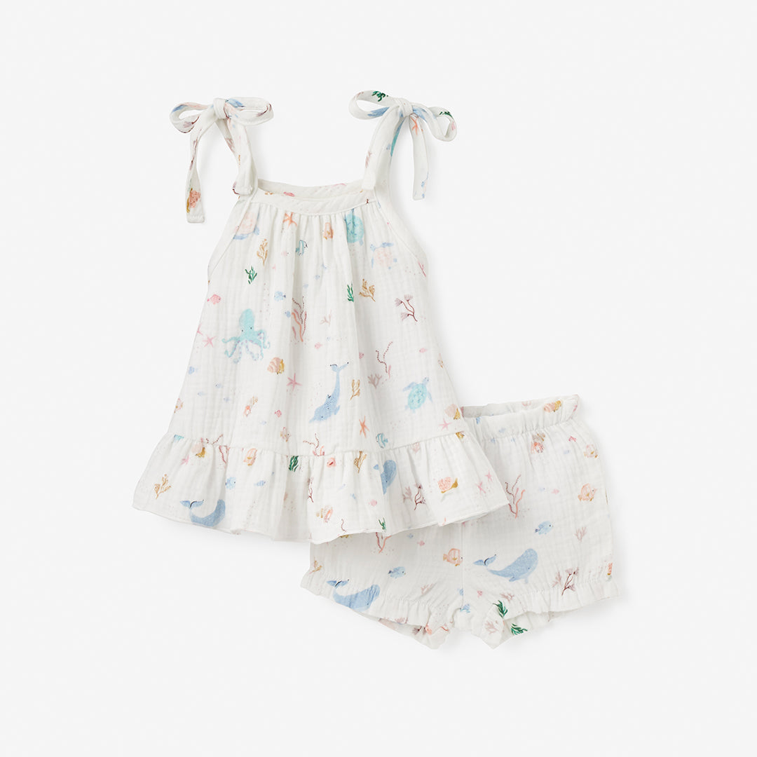 Girls | Ocean Adventure Organic Muslin Tie Top Set | White