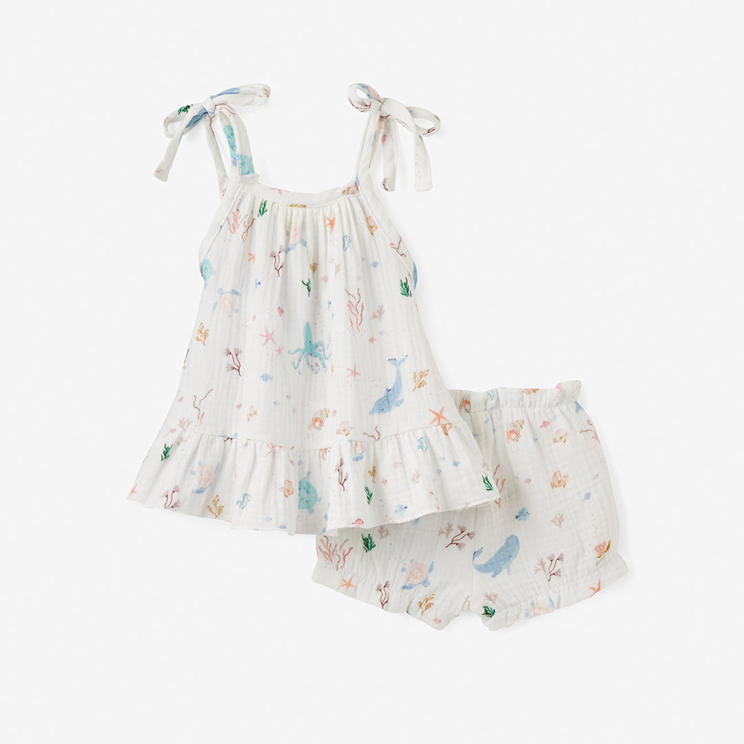Girls | Ocean Adventure Organic Muslin Tie Top Set | White