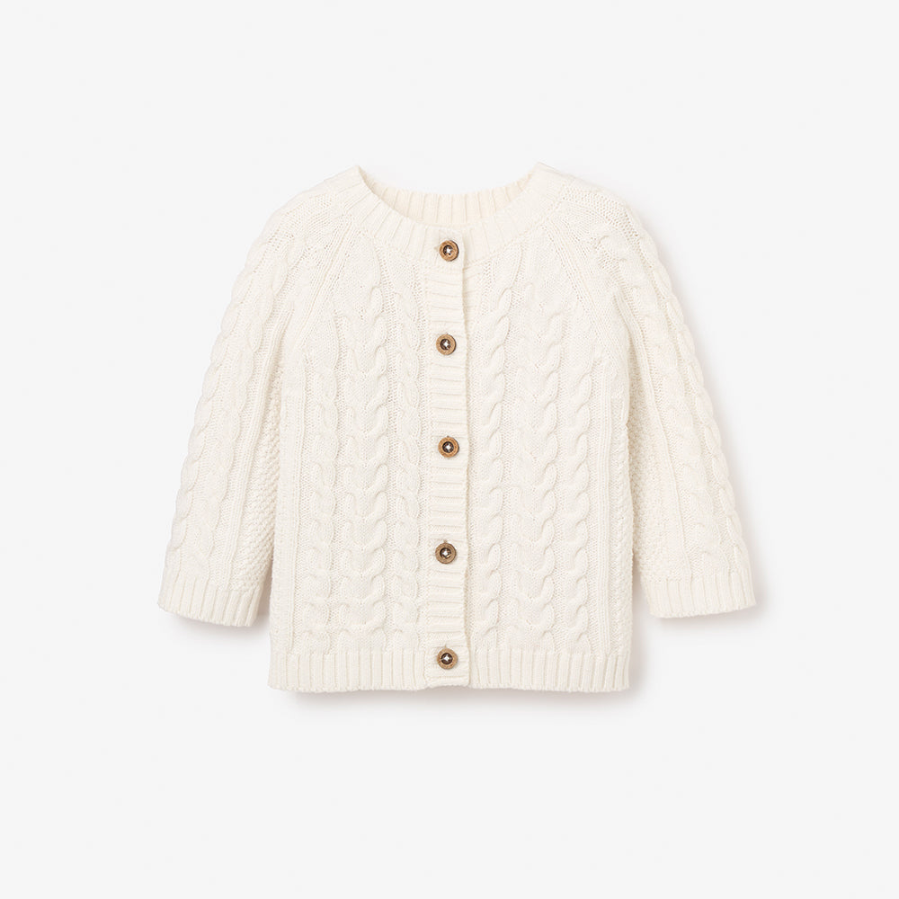 Unisex | Whisper White Horseshoe Cable Knit Baby Cardigan | White
