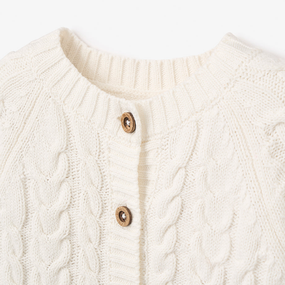 Unisex | Whisper White Horseshoe Cable Knit Baby Cardigan | White