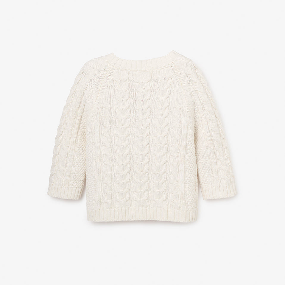 Unisex | Whisper White Horseshoe Cable Knit Baby Cardigan | White