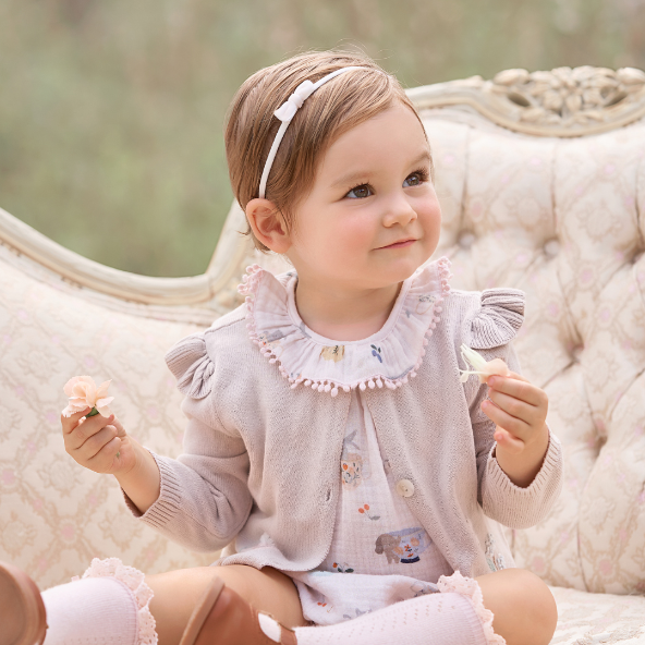 Girls | Taupe Flutter Sleeve Hand-Embroidered Baby Cardigan | Taupe