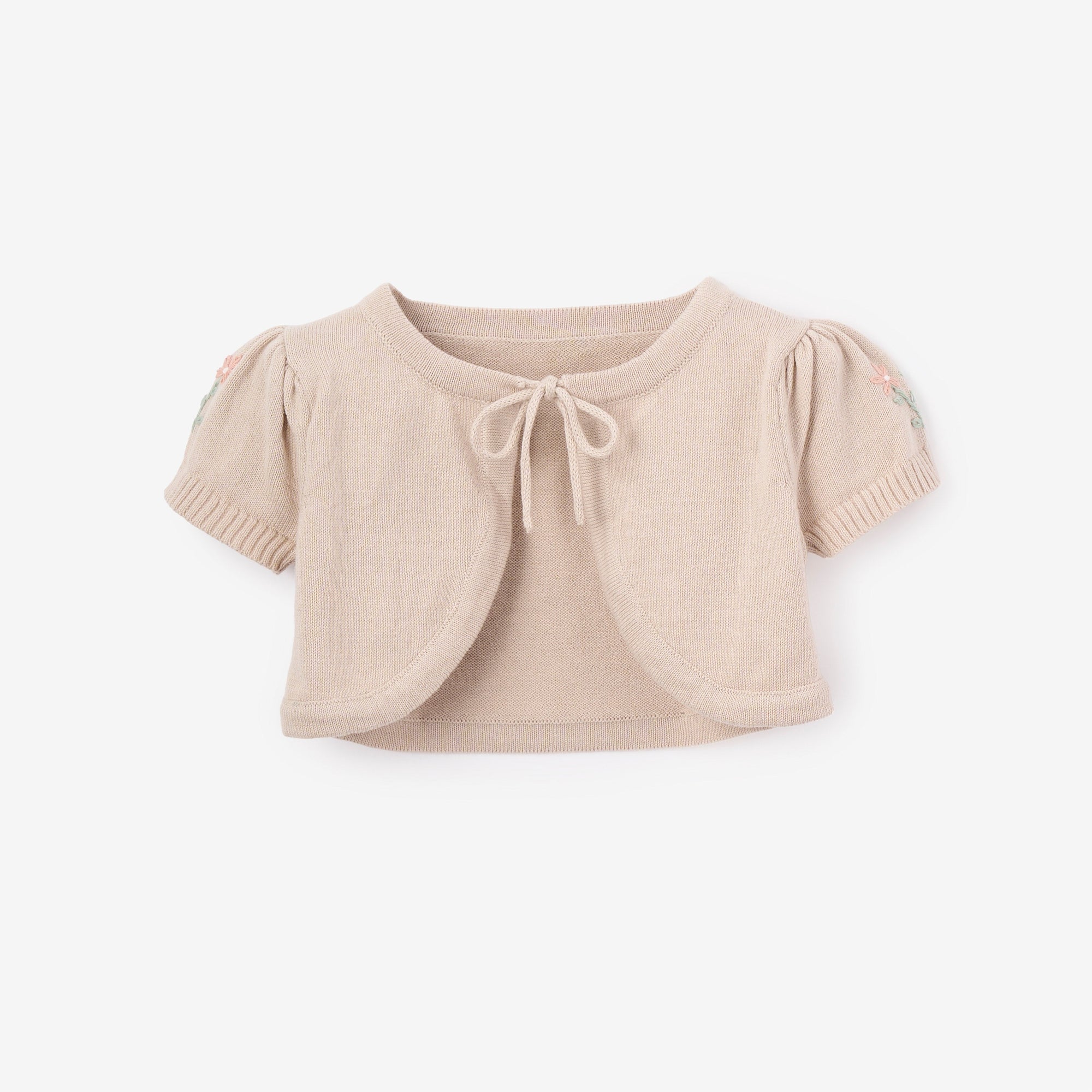 Girls | Embroidered Floral Bolero Cotton Knit Cardigan | Taupe