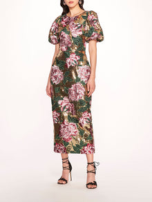 Bubble Sleeve Sequin Midi Dress | Marchesa