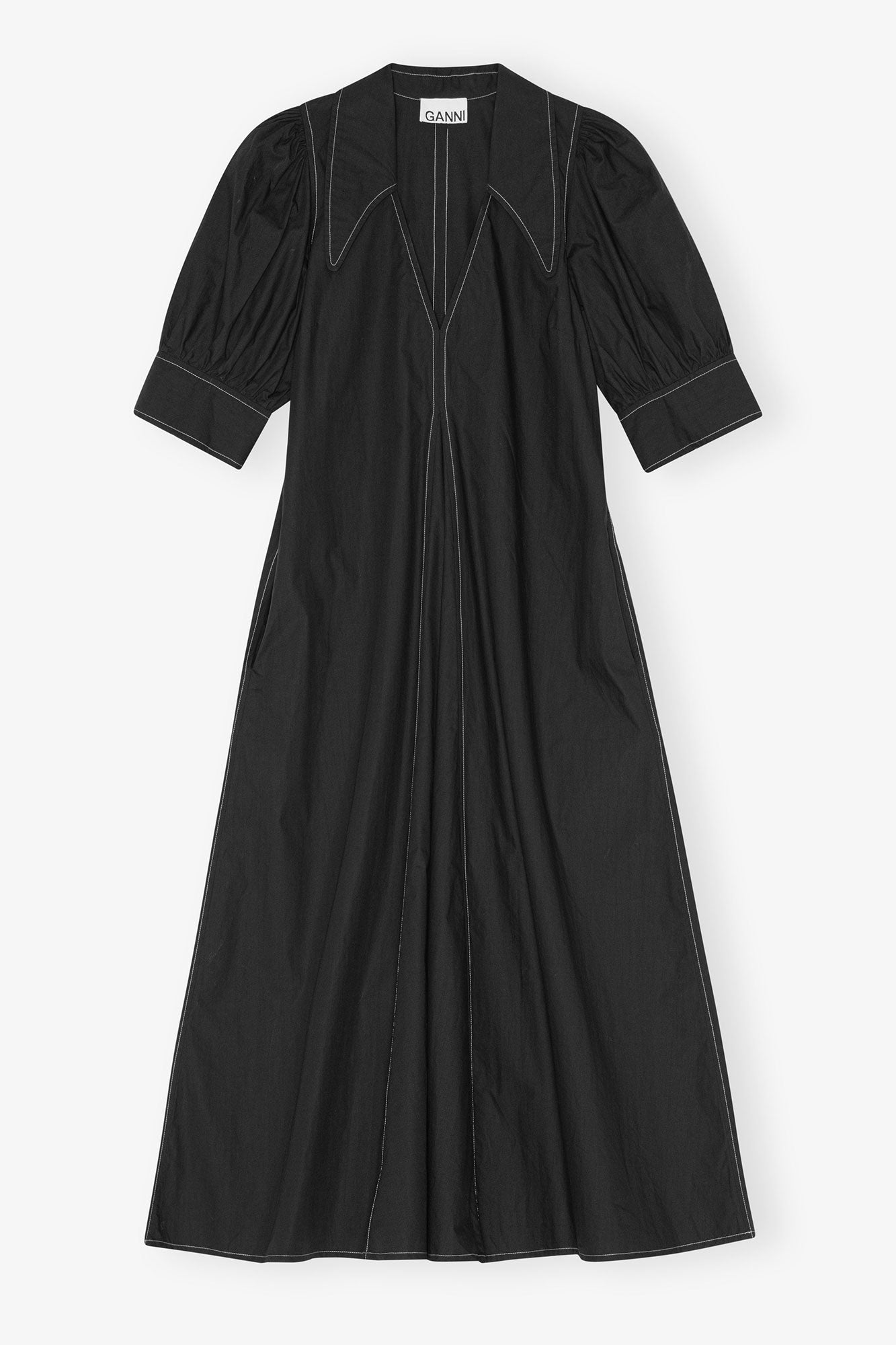 Cotton Poplin V-Neck Midi Dress | Black