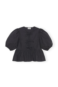 Cotton Poplin Peplum Tie Blouse | Black