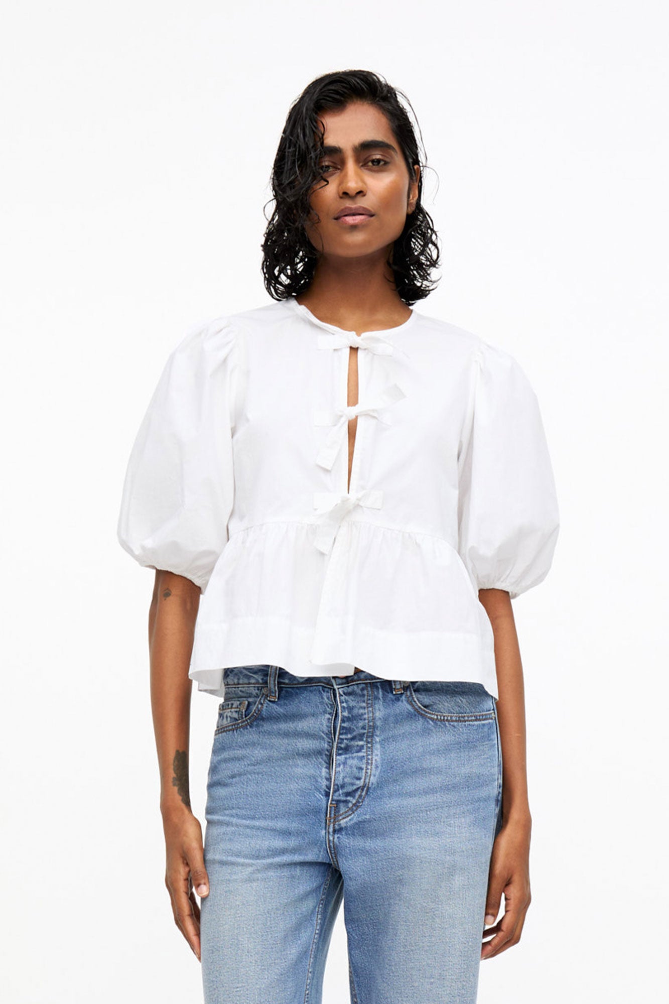 Cotton Poplin Peplum Tie Blouse | Bright White