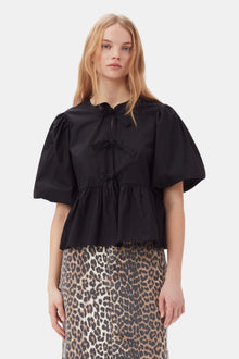 Cotton Poplin Peplum Tie Blouse | Black