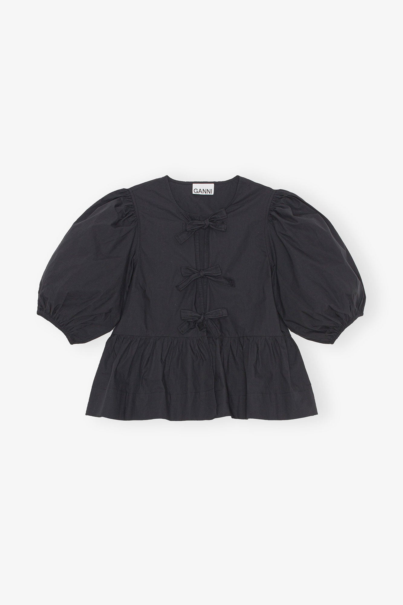 Cotton Poplin Peplum Tie Blouse | Black