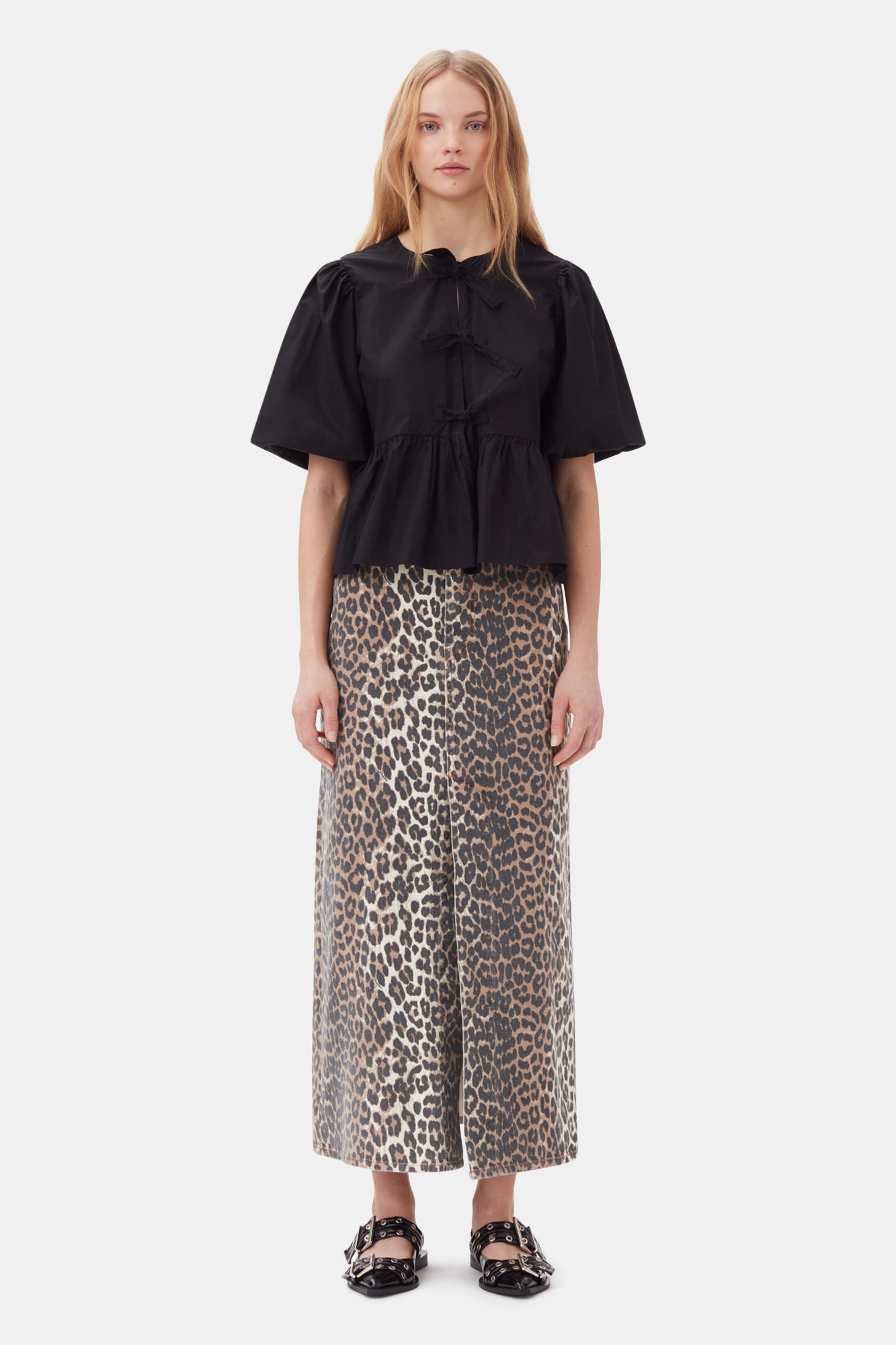 Cotton Poplin Peplum Tie Blouse | Black