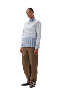 Stripe Cotton Asymmetrical Collar Shirt | Gray Blue