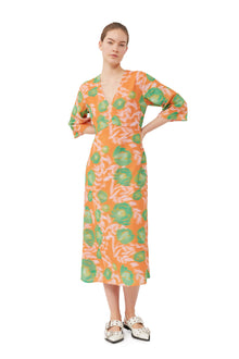 Printed Crepe V-Neck Dress | Vibrant Orange